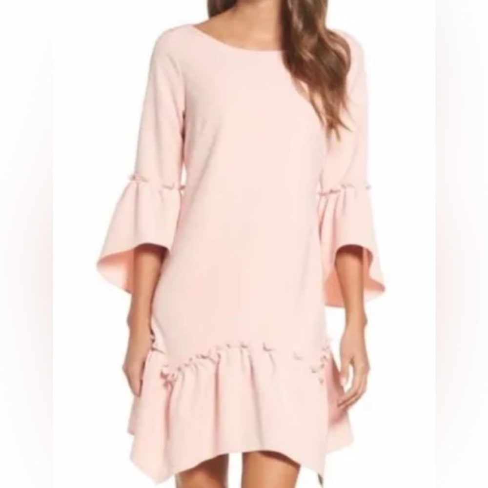 πππNWT Eliza J sz8 Elegant Bright Blush Peach Pink Fluted Sleeve Ruffles Dress - Picture 8 of 8